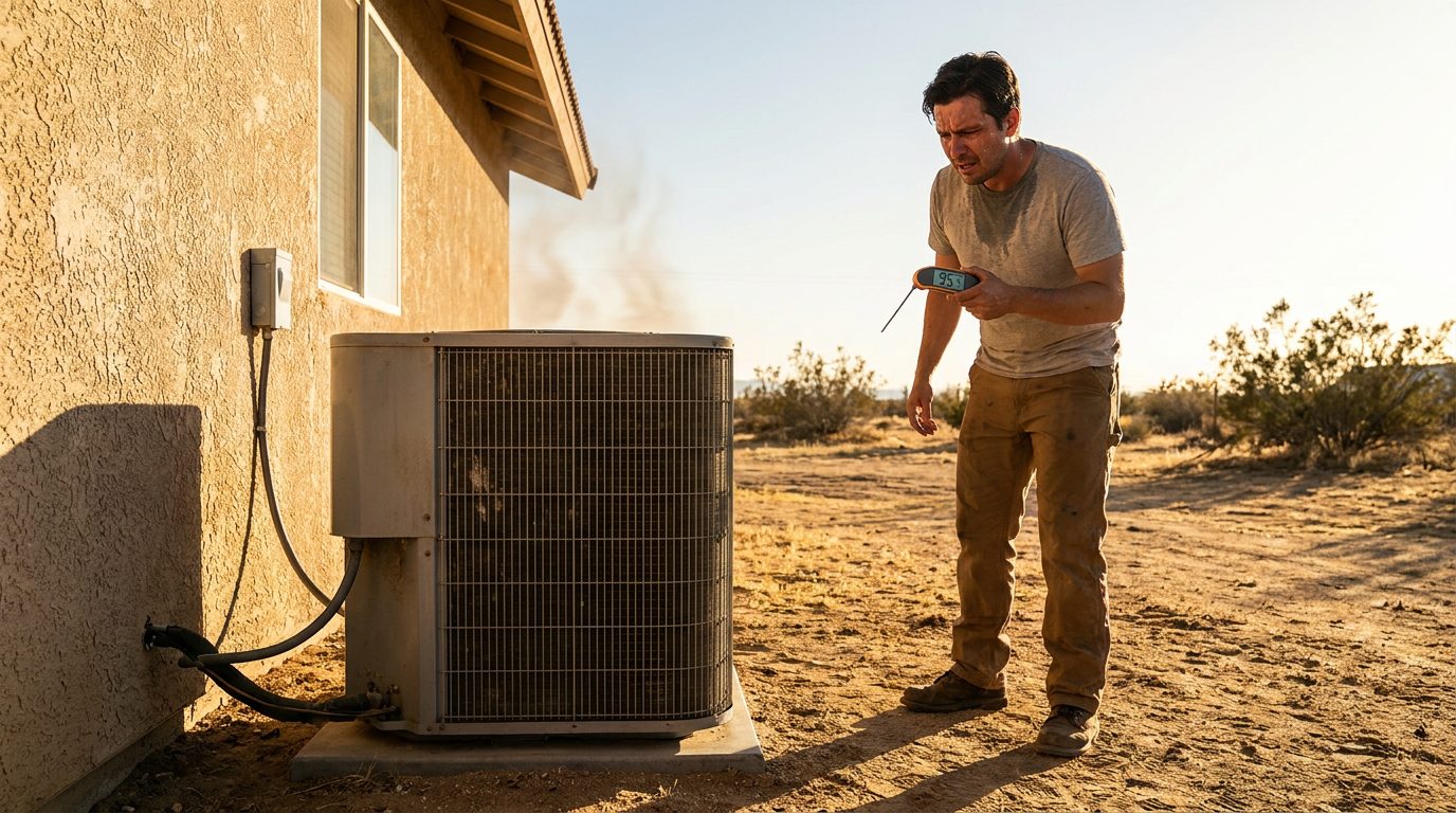 Outdoor AC condenser unit running outside a High Desert home in 110-degree heat