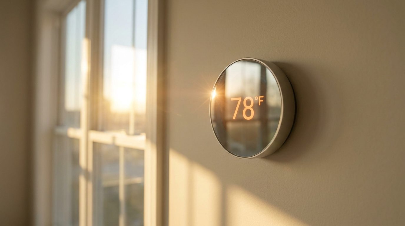 Smart thermostat reading 76 degrees on a 110-degree High Desert afternoon