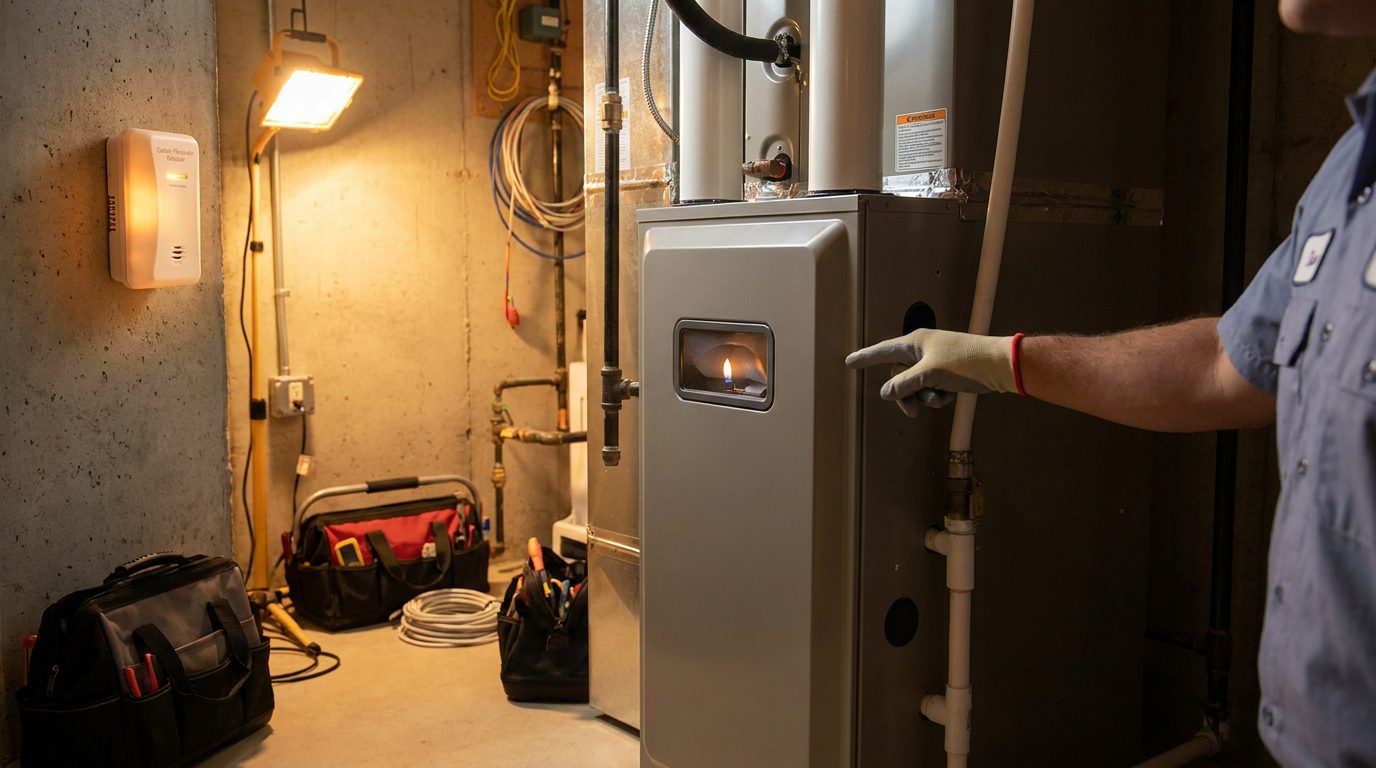 Furnace flue and gas supply line inspection for leak detection