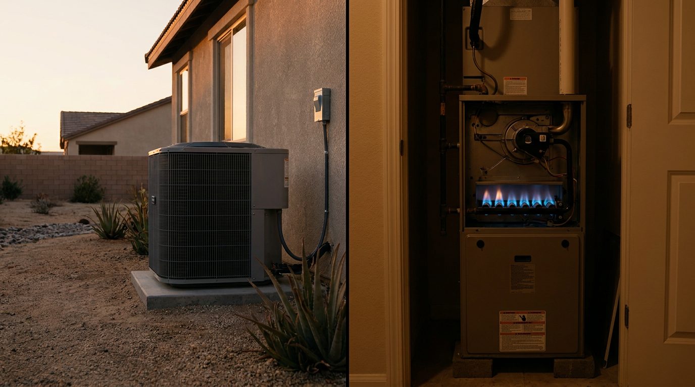 Heat pump outdoor unit next to a natural gas furnace flue at a Hesperia home