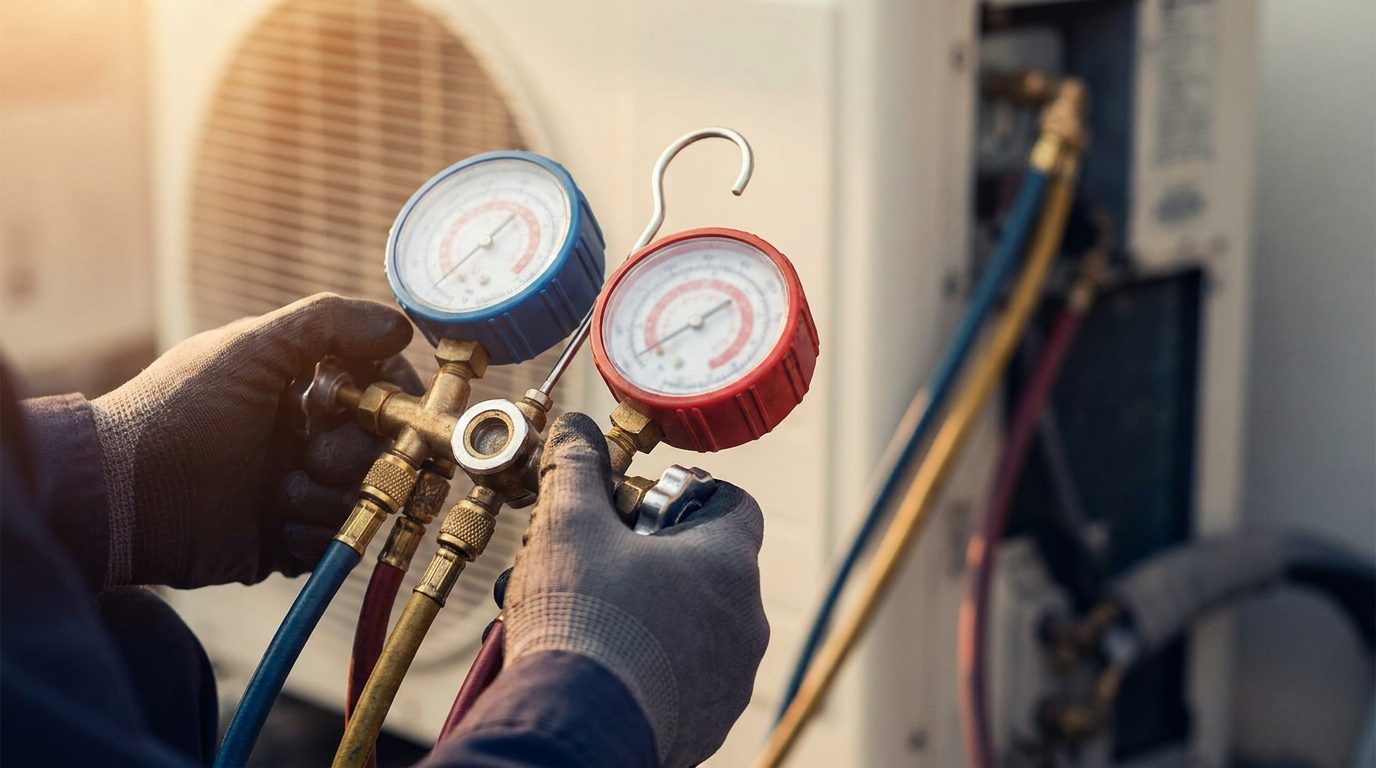 HVAC manifold gauges showing high-side and low-side refrigerant pressure readings