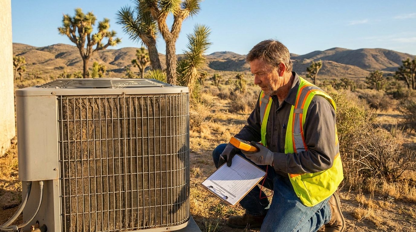 JCE technician performing pre-summer AC inspection at an Apple Valley home