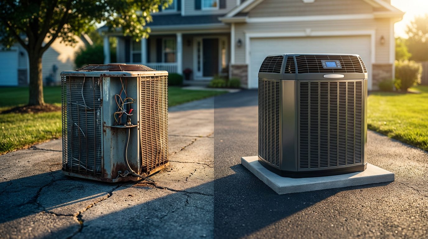 Technician evaluating a 14-year-old AC condenser at a Hesperia home