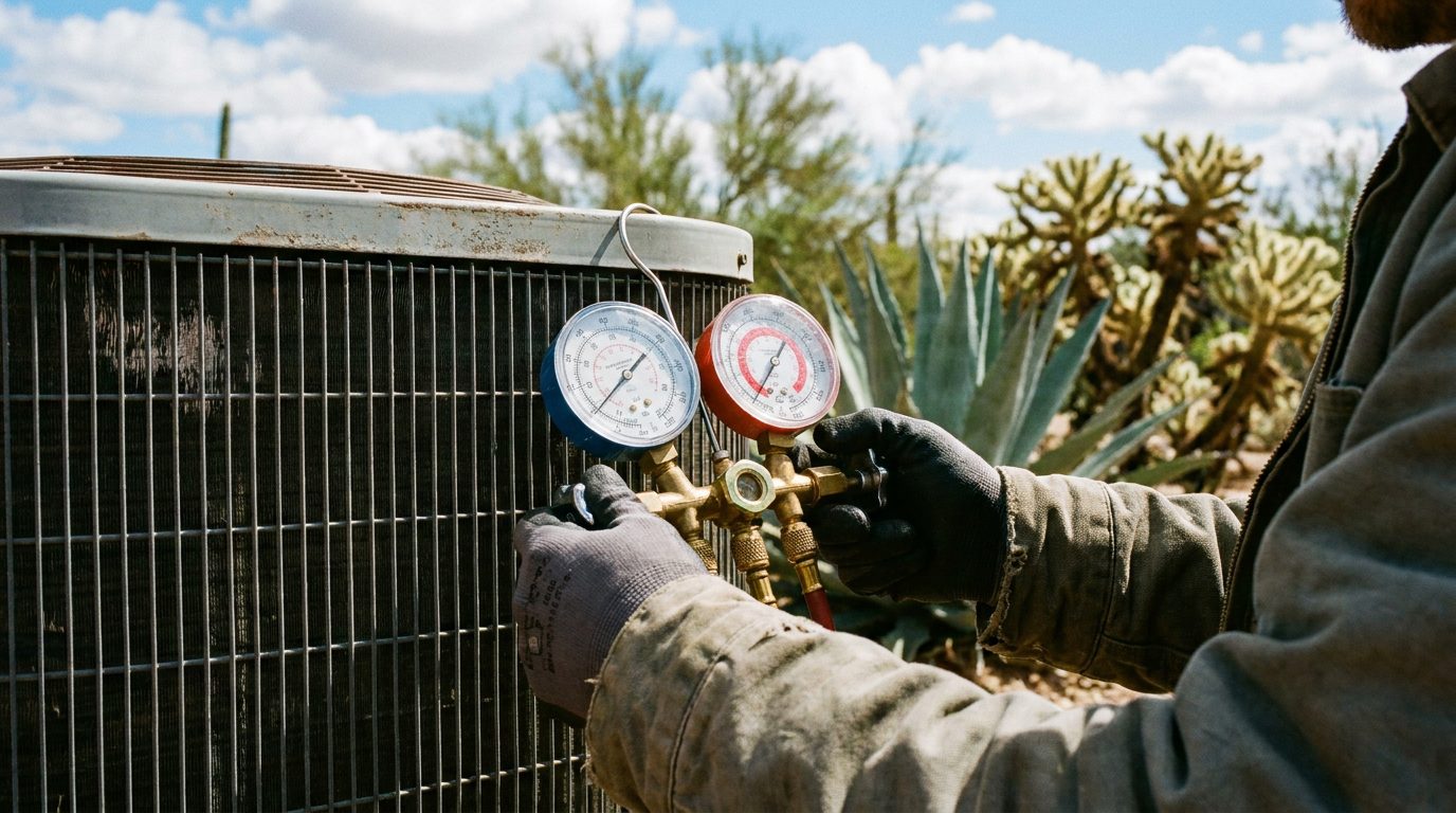 JCE technician performing a spring AC tune-up on a Victorville rooftop unit