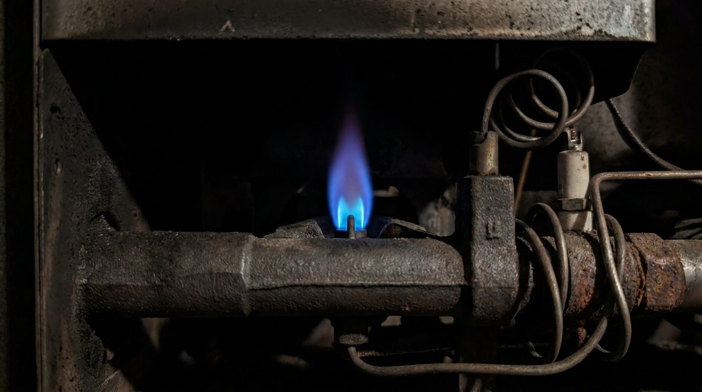 Furnace burner area with pilot light assembly visible