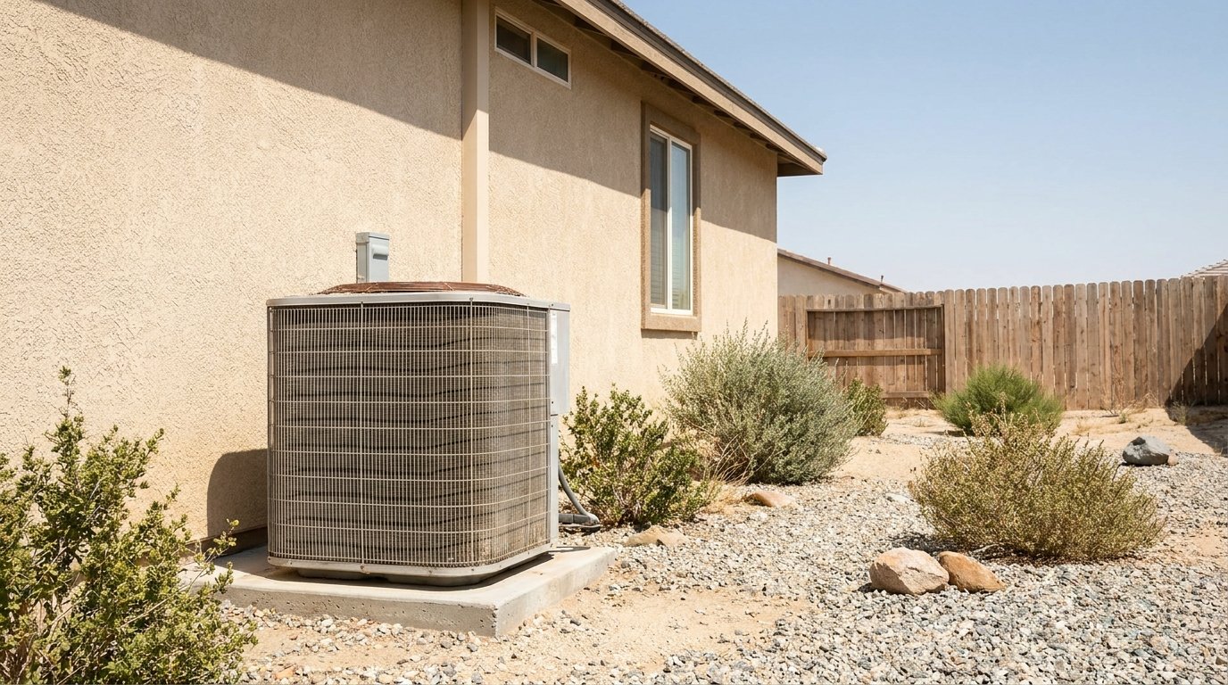 JC Energy Solutions technician diagnosing an AC condenser at a Hesperia home