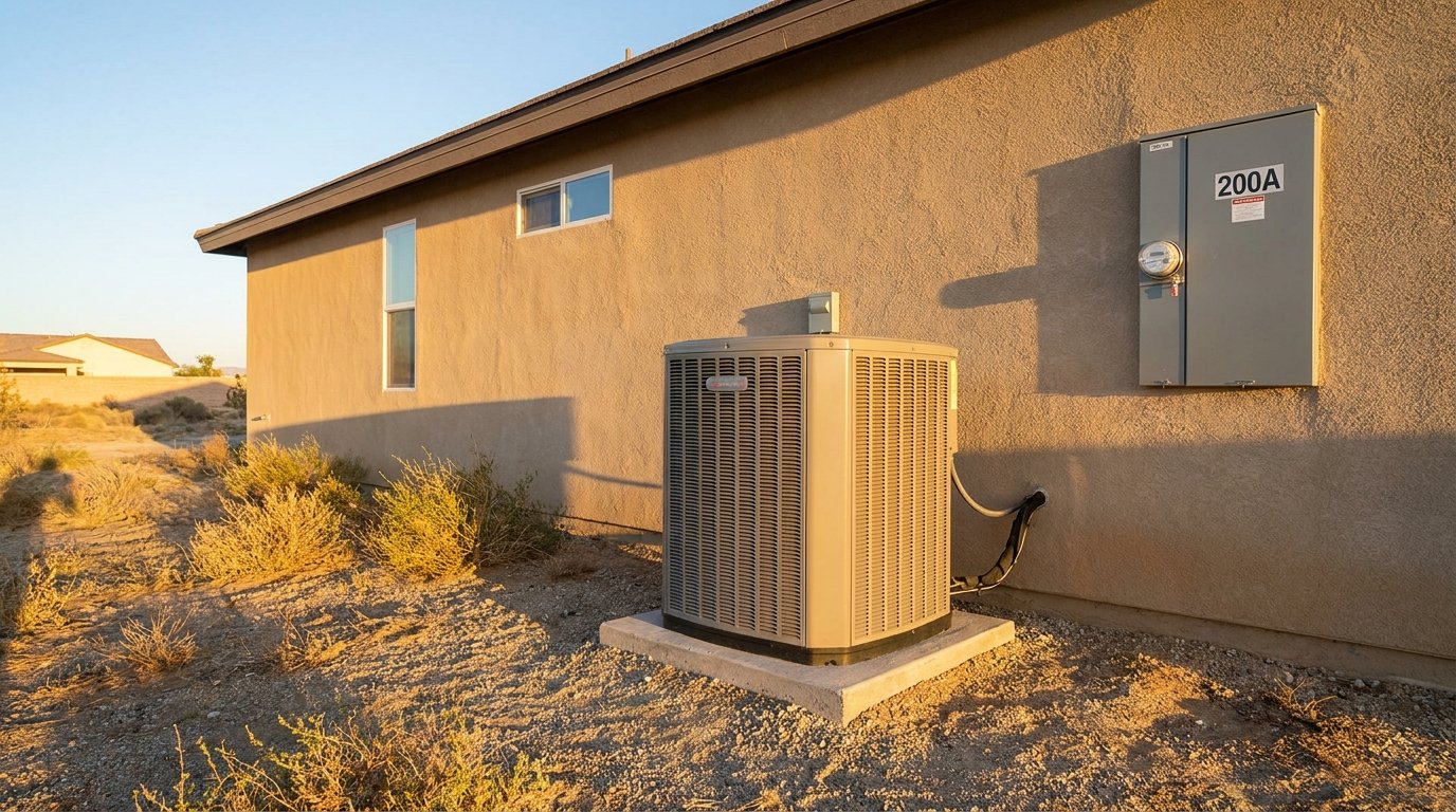 Modern outdoor air-source heat pump installed at a High Desert home