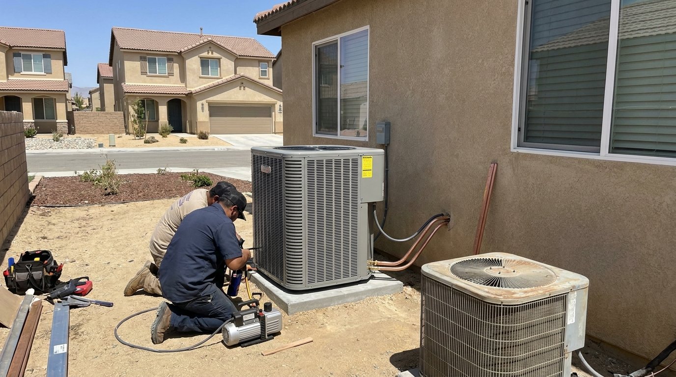 New high-efficiency AC condenser unit installed at a High Desert home