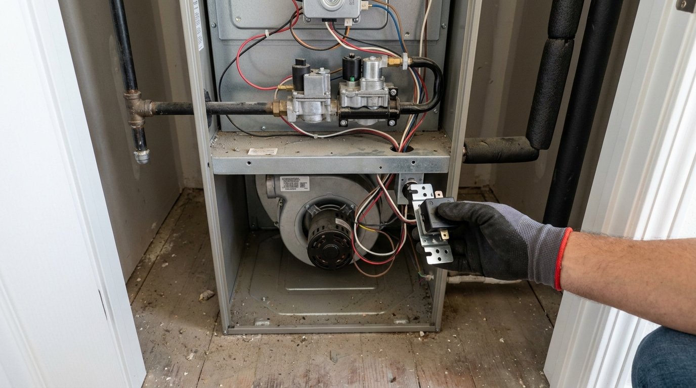 JC Energy Solutions technician inspecting a residential gas furnace gas valve