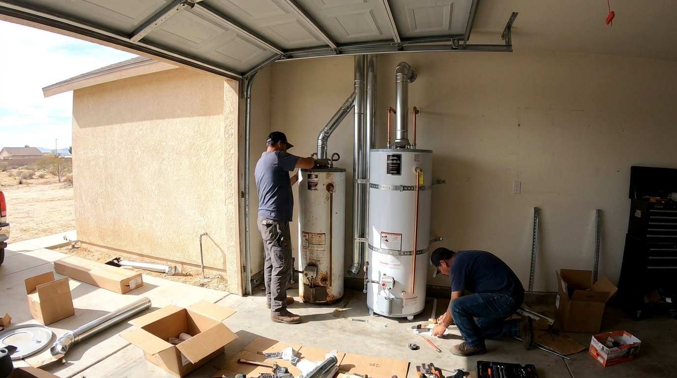 Tankless gas water heater professionally installed on a garage wall