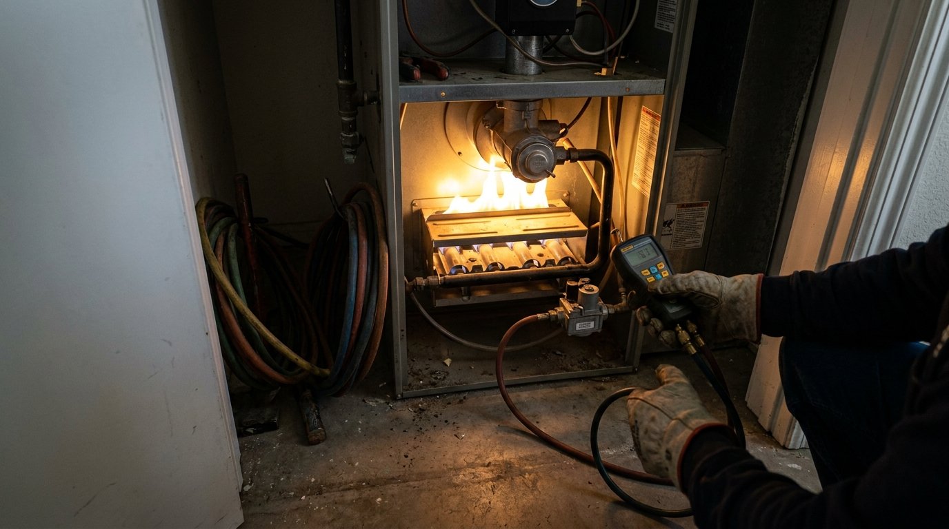 JC Energy Solutions technician inspecting a residential gas furnace gas valve