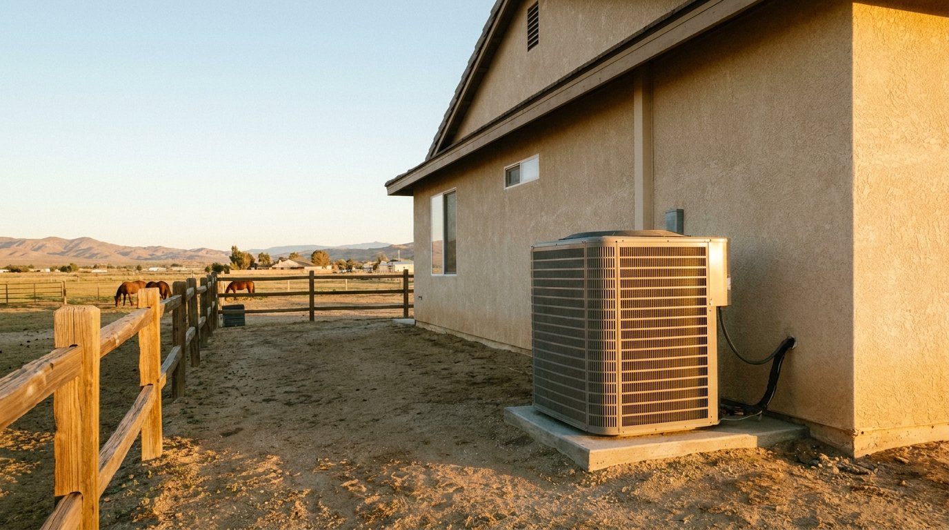 Modern outdoor air-source heat pump installed at a High Desert home