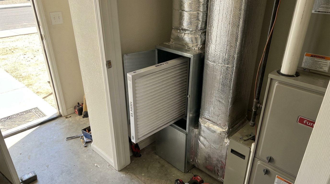 High-efficiency residential air filter installed in a media cabinet