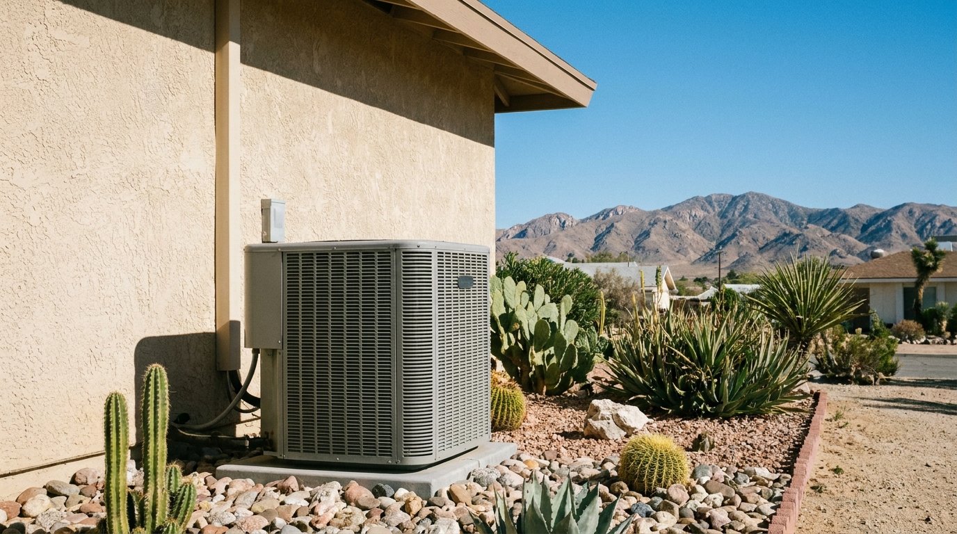 JC Energy Solutions technician diagnosing an AC condenser at a Hesperia home