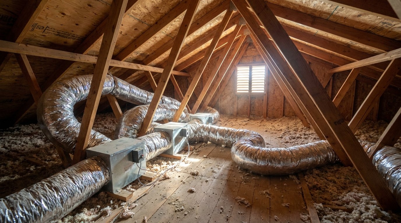 New sealed flexible HVAC ductwork installed in a residential attic