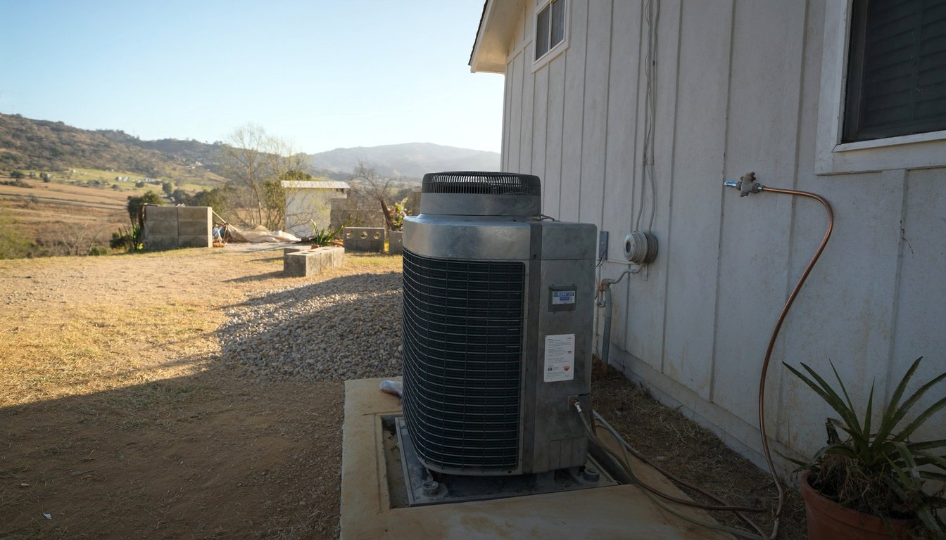 Newly installed outdoor AC condenser on a concrete pad next to a residential home in Chino, California with fresh copper - JC Energy Solutions