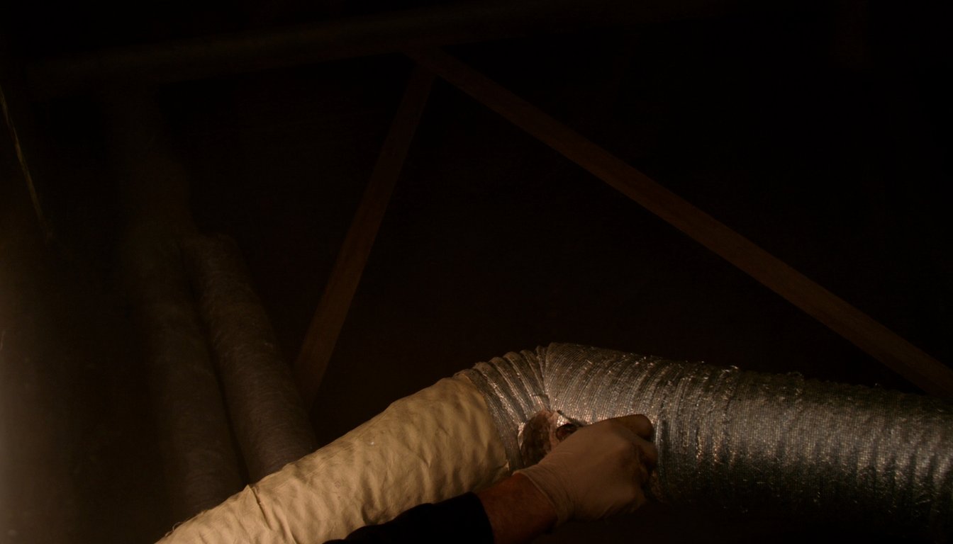 Insulated flexible HVAC ductwork in a Chino, California residential attic with a gloved technician hand applying mastic at - JC Energy Solutions