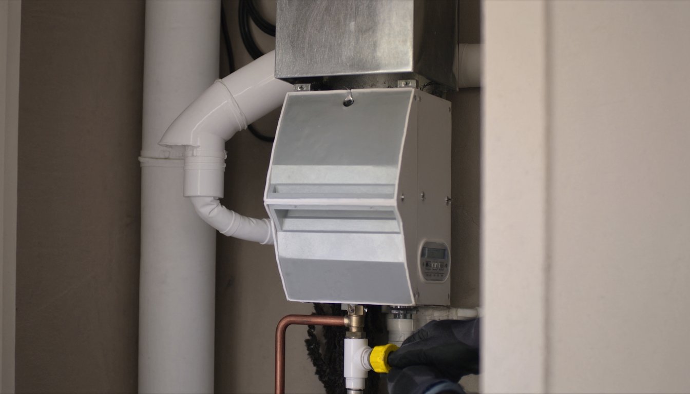 Close-up of a newly installed high-efficiency gas furnace cabinet with white PVC venting in a Chino, California home - JC Energy Solutions