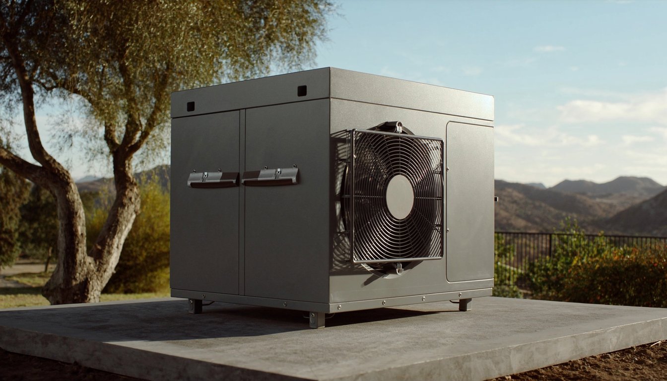 Outdoor variable-speed heat pump unit on a concrete pad next to a residential home in Chino, California with mature trees and Chino Hills backdrop