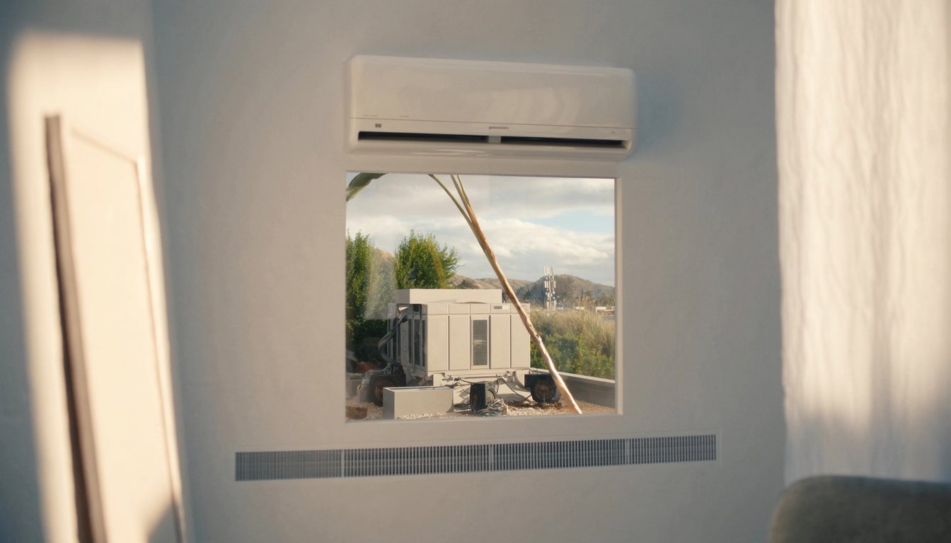 Wall-mounted ductless mini-split indoor head unit in a modern Chino, California home interior with outdoor compact compressor visible through the window and Chino Hills beyond
