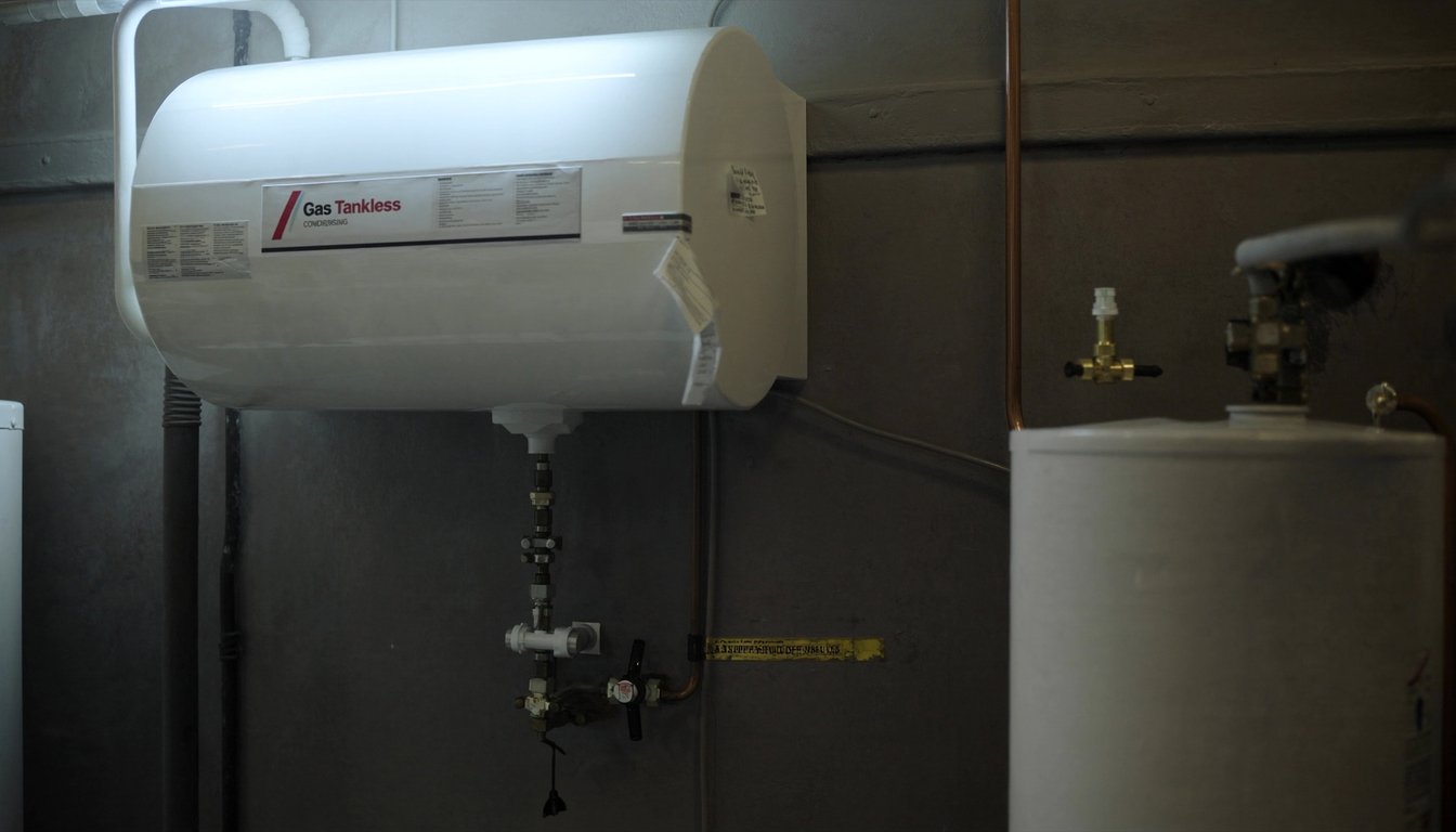Wall-mounted gas tankless water heater next to a traditional tank water heater in a Chino, California residential garage with copper gas line and PVC venting visible