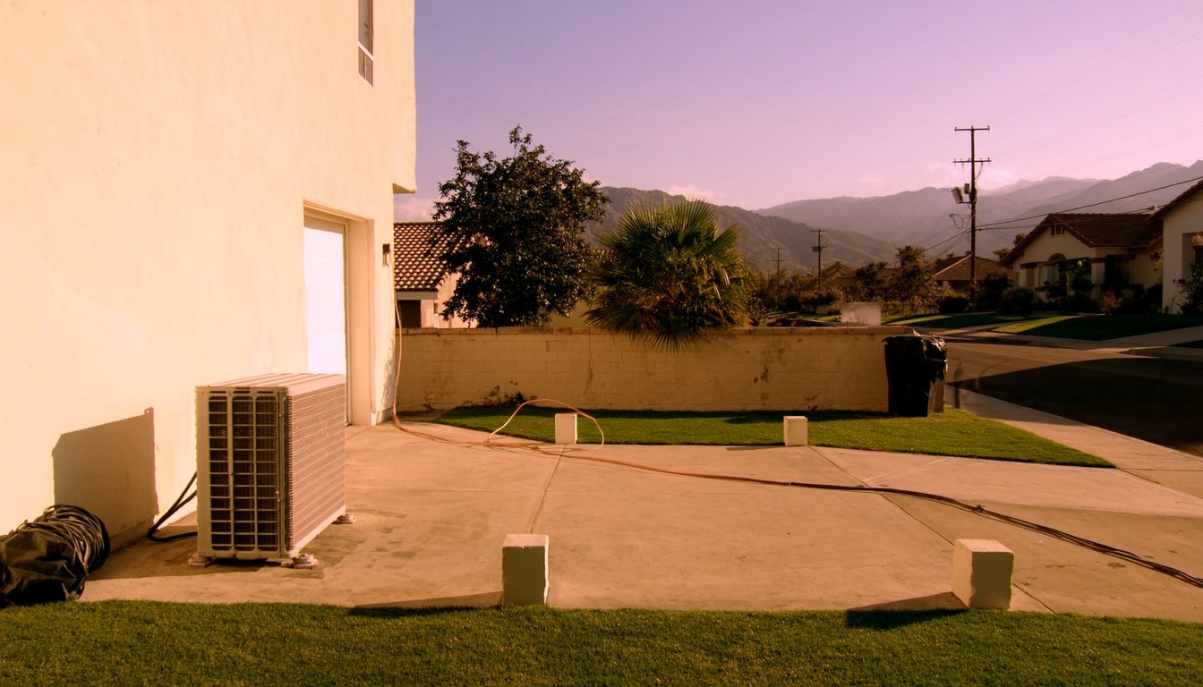 Newly installed outdoor AC condenser on a concrete pad next to a residential home in Fontana, California with fresh copper - JC Energy Solutions