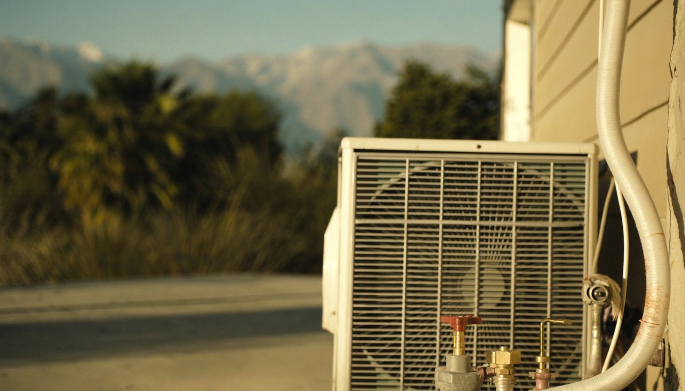 Outdoor AC condenser at a residential home in Fontana, California with palm trees and San Gabriel Mountains visible in the - JC Energy Solutions