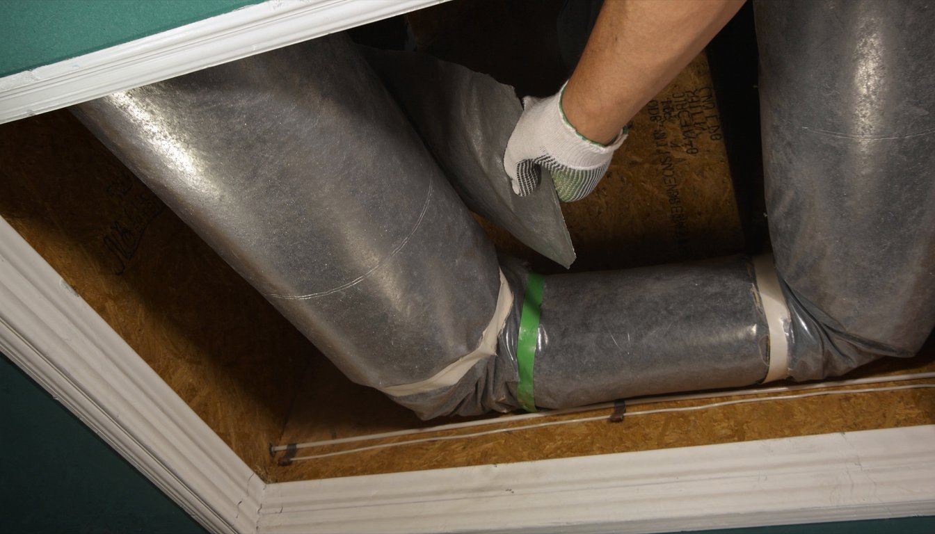 Insulated flexible HVAC ductwork in a Fontana, California residential attic with a gloved technician hand applying mastic - JC Energy Solutions