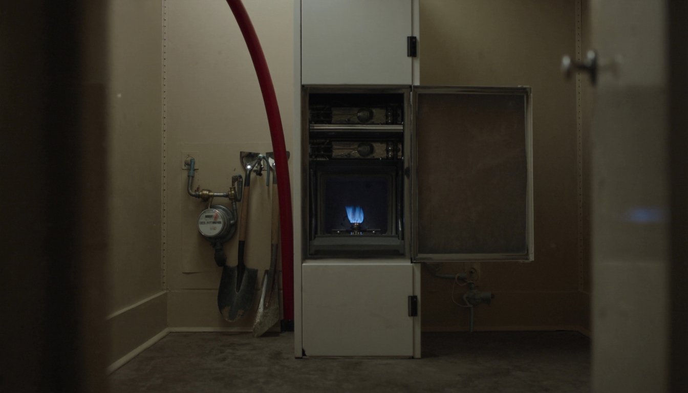 Open gas furnace cabinet showing blue burner flame in a Fontana, California home utility closet with a gloved technician - JC Energy Solutions