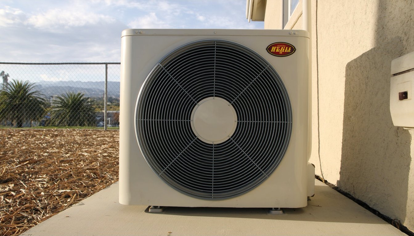 Outdoor variable-speed heat pump unit on a concrete pad next to a residential home in Fontana, California with palm trees - JC Energy Solutions