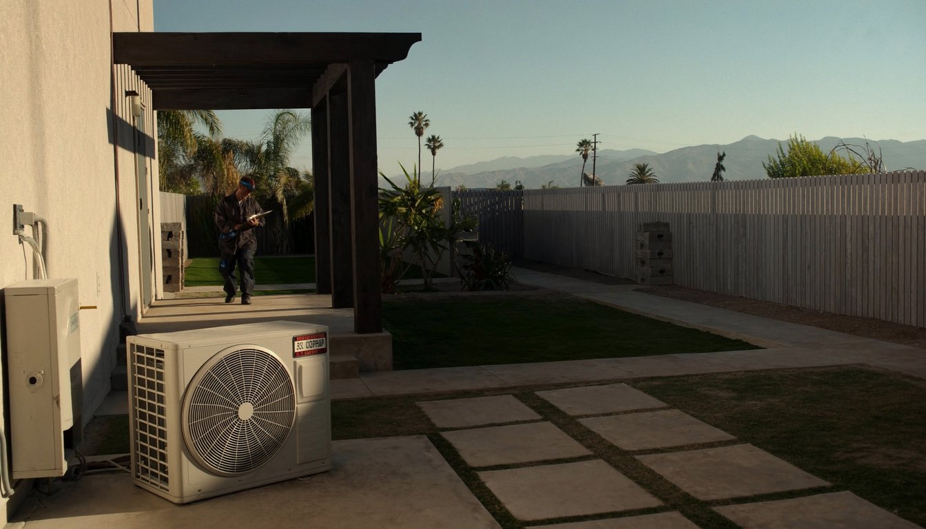 HVAC service clipboard with tune-up checklist resting on an outdoor AC condenser at a Fontana, California home with palm - JC Energy Solutions