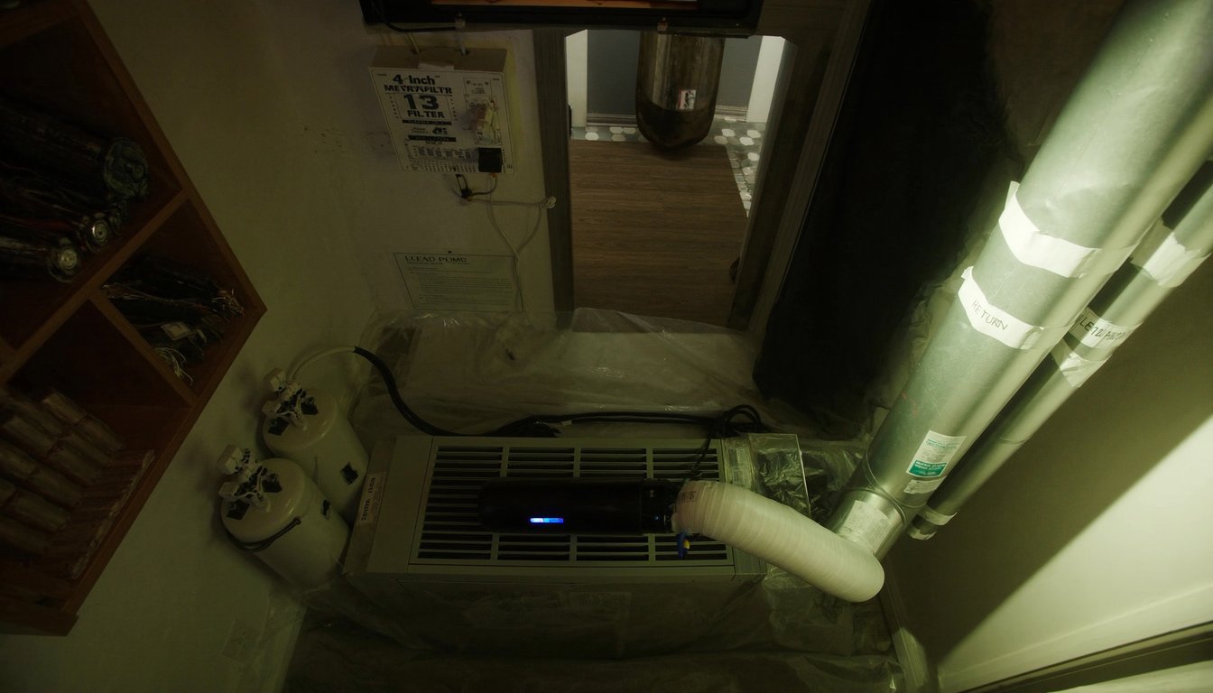 4-inch MERV 13 media filter cabinet attached to HVAC return ductwork with UV-C lamp in a modern Fontana, California utility room