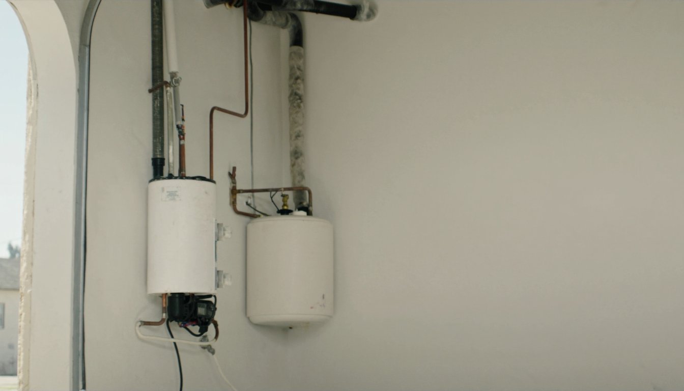 Wall-mounted gas tankless water heater next to a traditional tank water heater in a Fontana, California residential garage with copper gas line and PVC venting visible