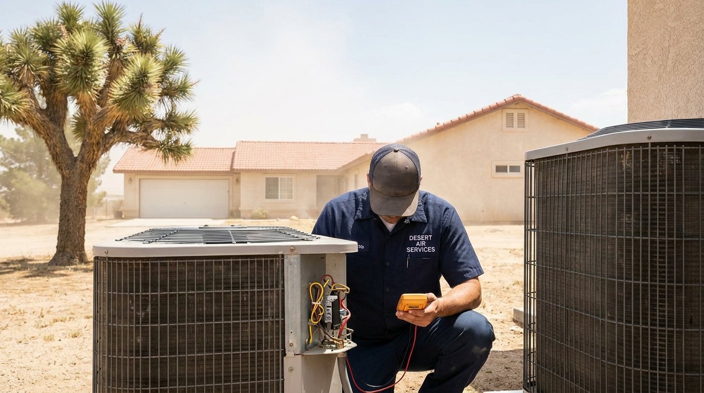 JC Energy Solutions technician diagnosing an AC condenser at a Hesperia home