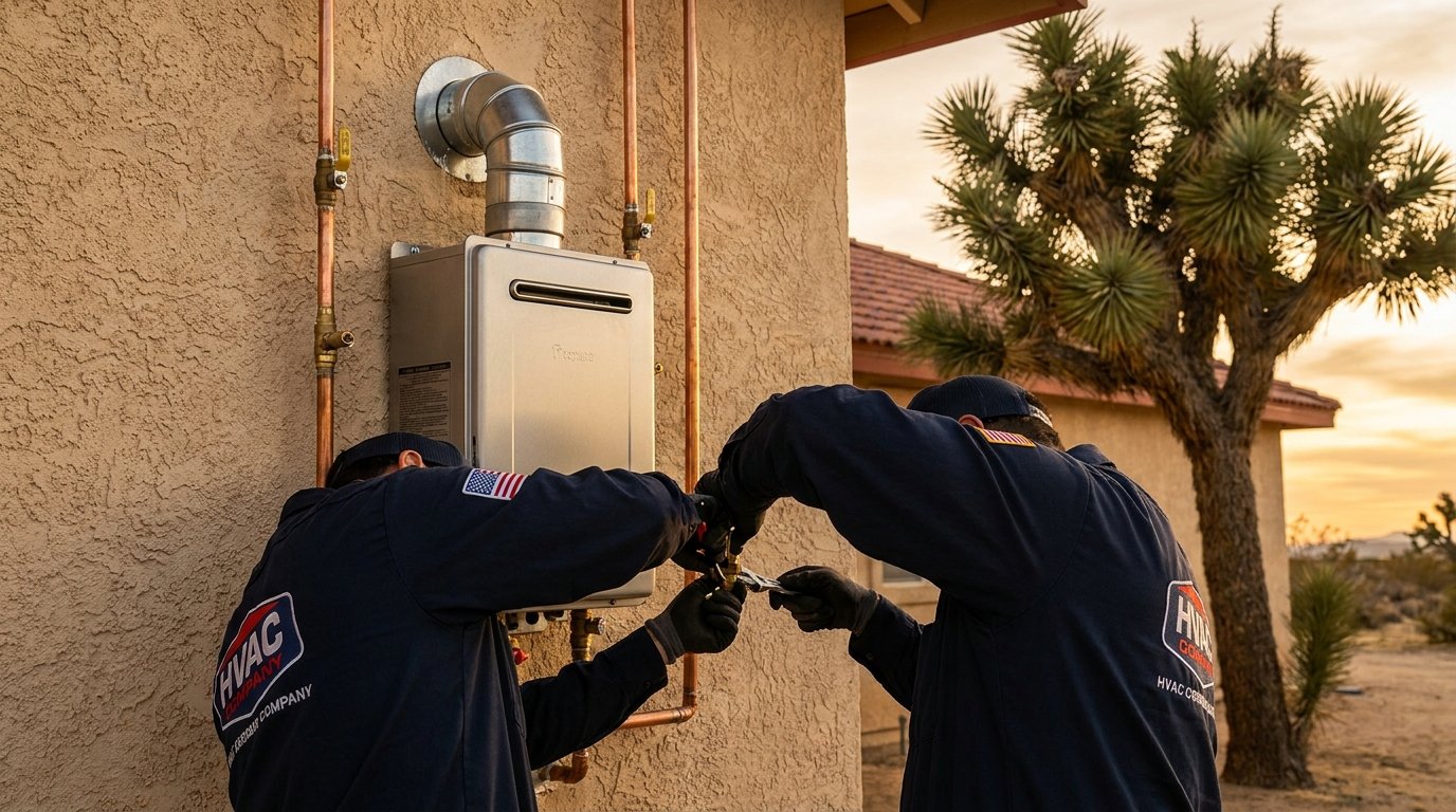 Tankless gas water heater professionally installed on a garage wall