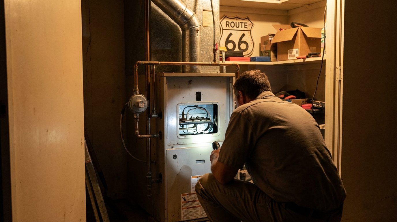 JC Energy Solutions technician inspecting a residential gas furnace gas valve