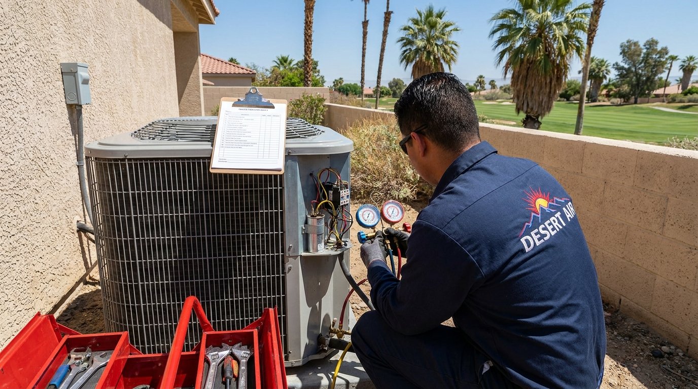 JC Energy Solutions technician performing HVAC tune-up at a High Desert home