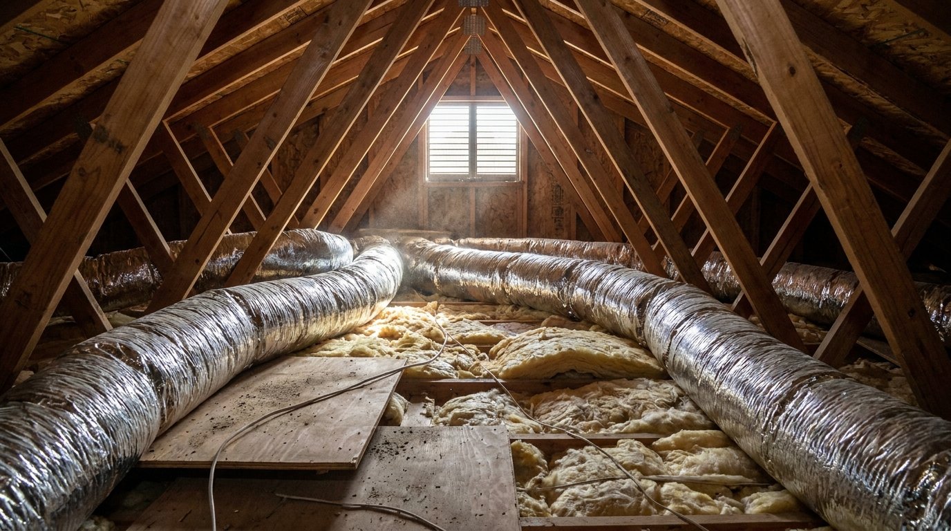 New sealed flexible HVAC ductwork installed in a residential attic
