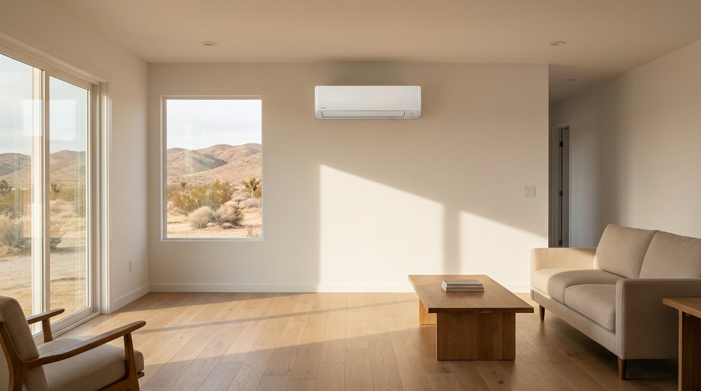 Wall-mount ductless mini-split indoor head unit installed in a modern living room
