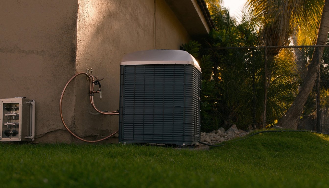 Newly installed outdoor AC condenser on a concrete pad next to a residential home in Jurupa Valley, California with fresh - JC Energy Solutions