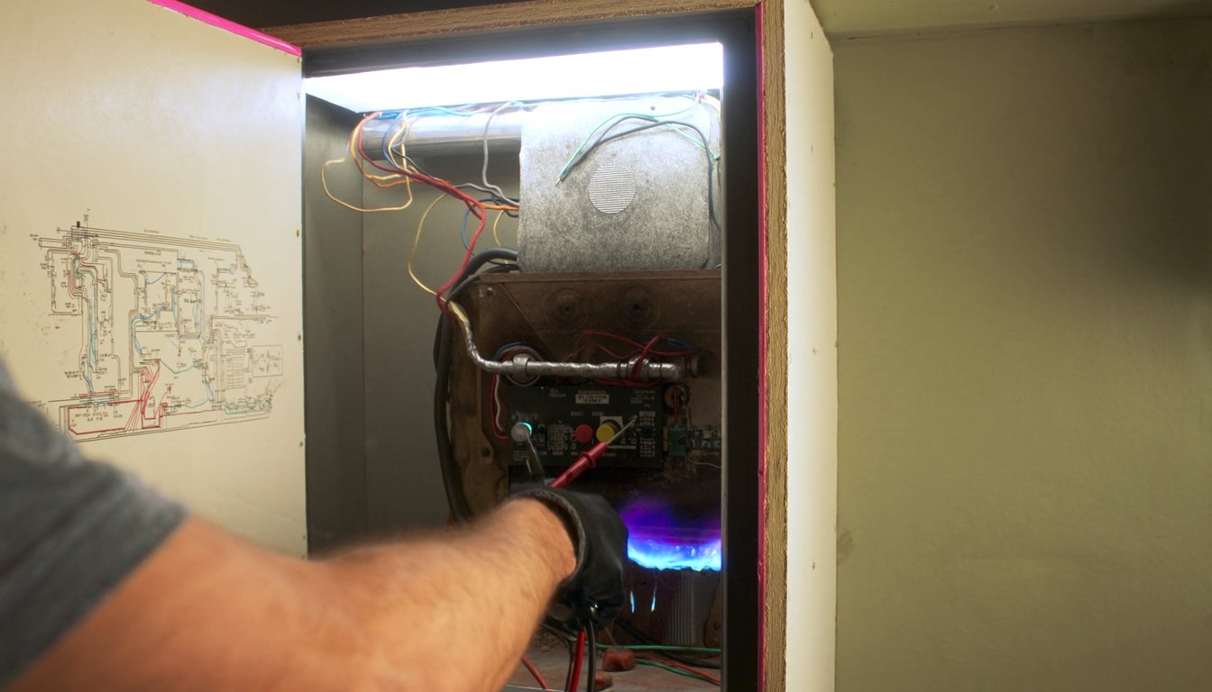 Open gas furnace cabinet showing blue burner flame in a Jurupa Valley, California home utility closet with a gloved - JC Energy Solutions