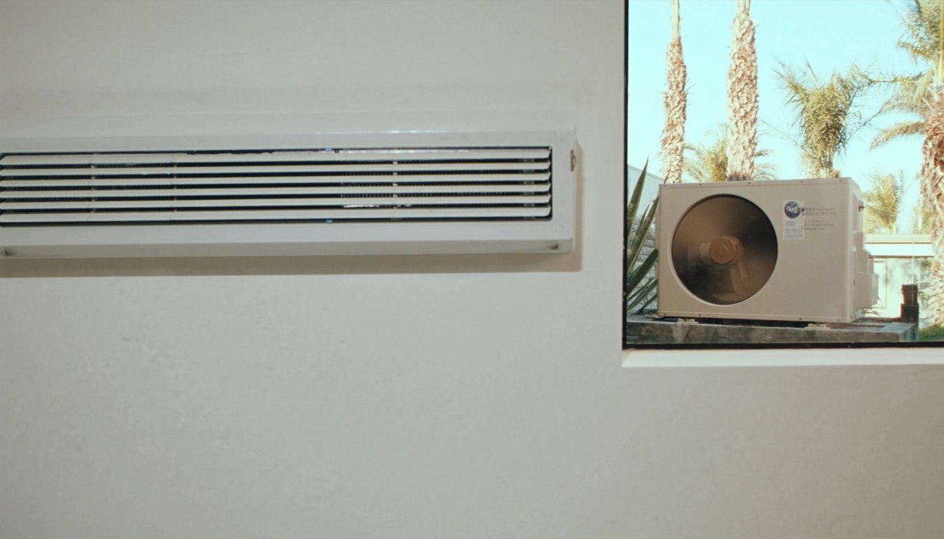 Wall-mounted ductless mini-split indoor head unit in a modern Jurupa Valley, California home interior with outdoor compact - JC Energy Solutions