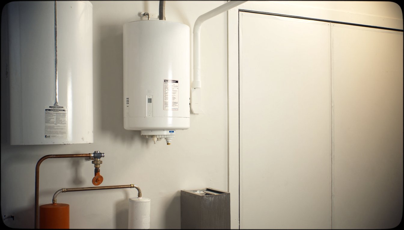 Wall-mounted gas tankless water heater next to a traditional tank water heater in a Jurupa Valley, California residential - JC Energy Solutions