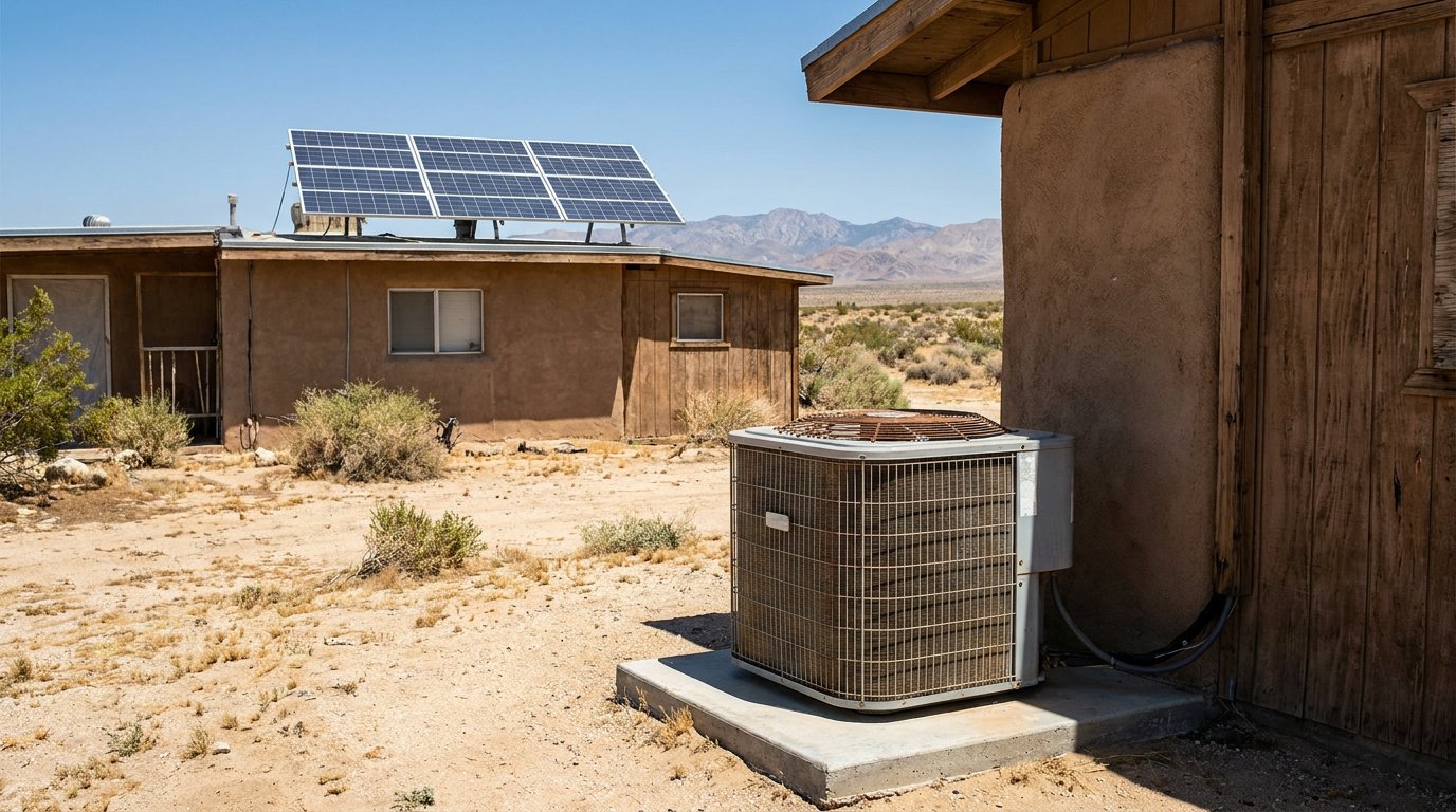 JC Energy Solutions technician diagnosing an AC condenser at a Hesperia home