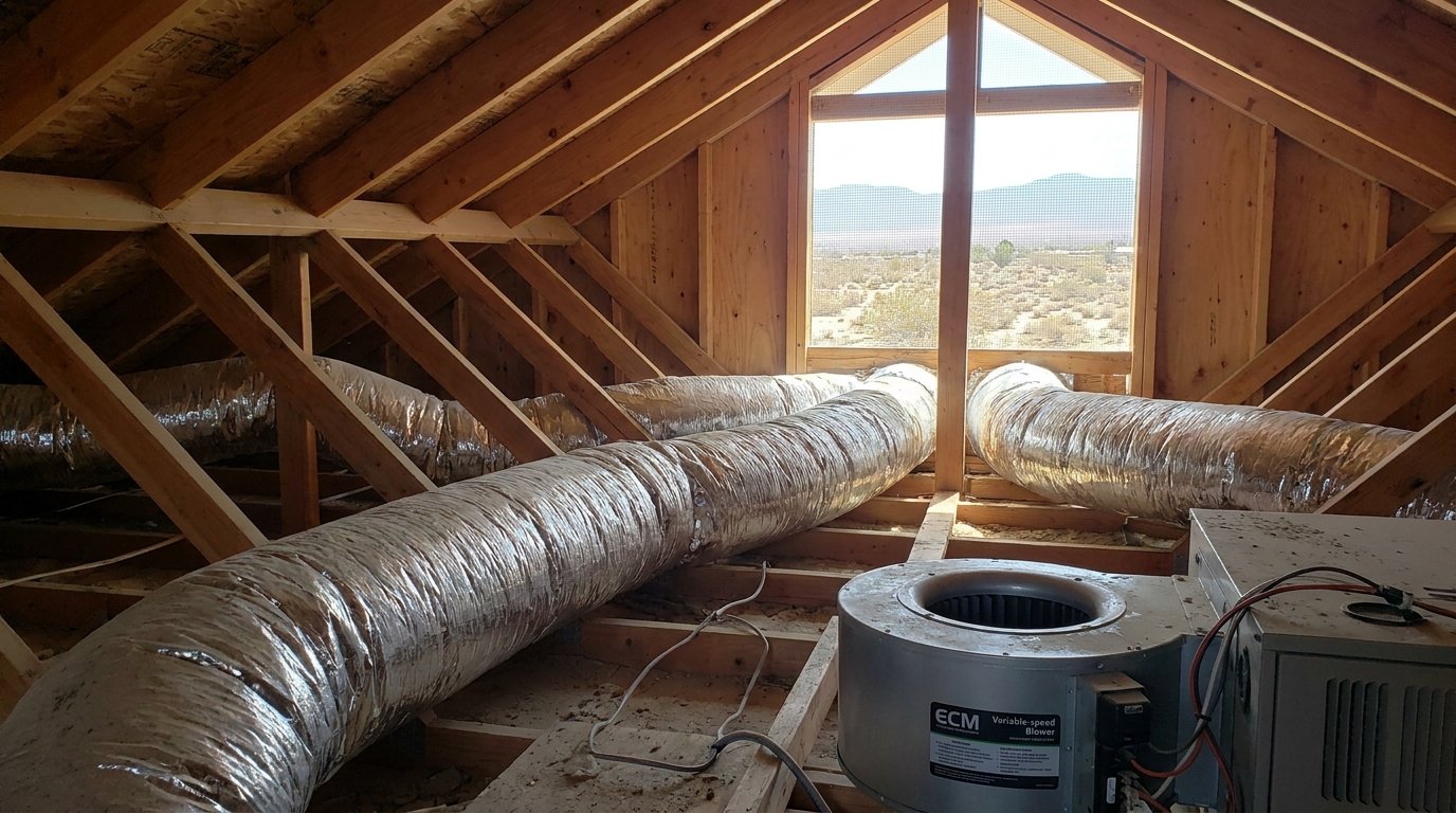 New sealed flexible HVAC ductwork installed in a residential attic