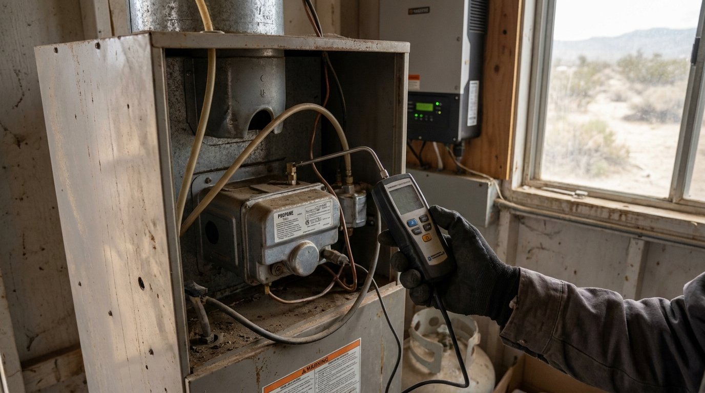 JC Energy Solutions technician inspecting a residential gas furnace gas valve