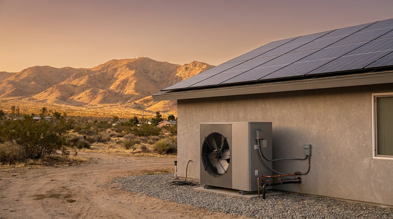 Modern outdoor air-source heat pump installed at a High Desert home