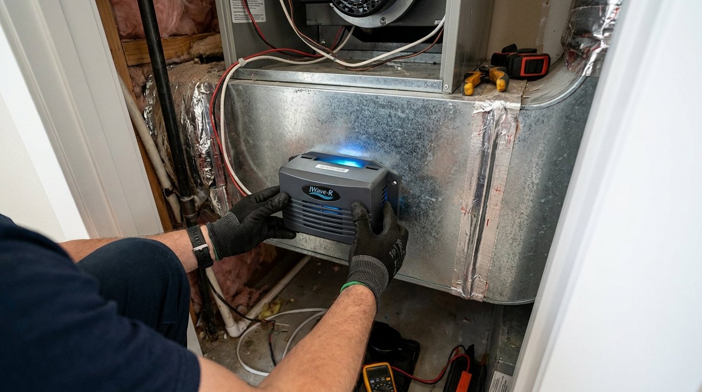 High-efficiency residential air filter installed in a media cabinet