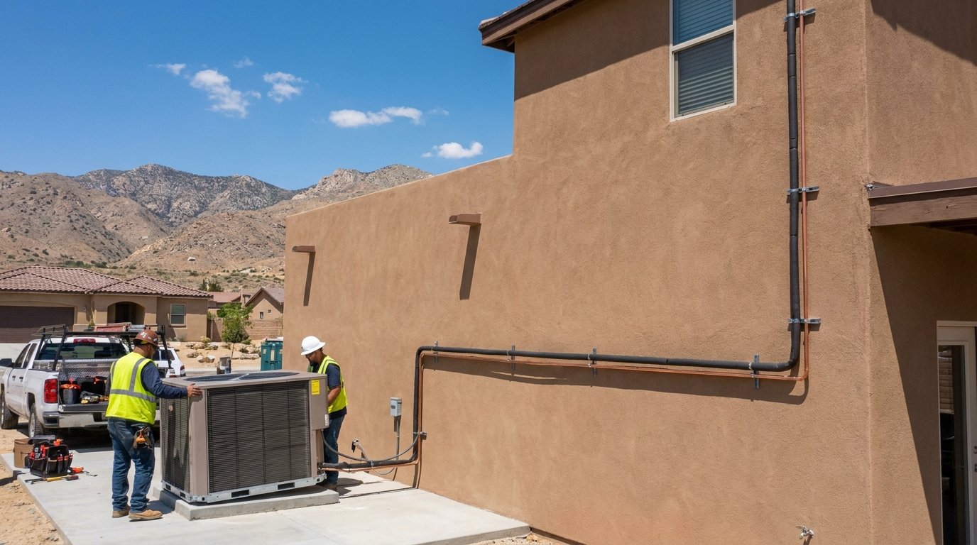 New high-efficiency AC condenser unit installed at a High Desert home