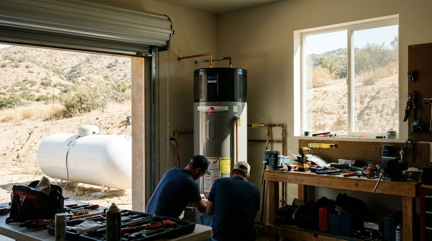 Tankless gas water heater professionally installed on a garage wall